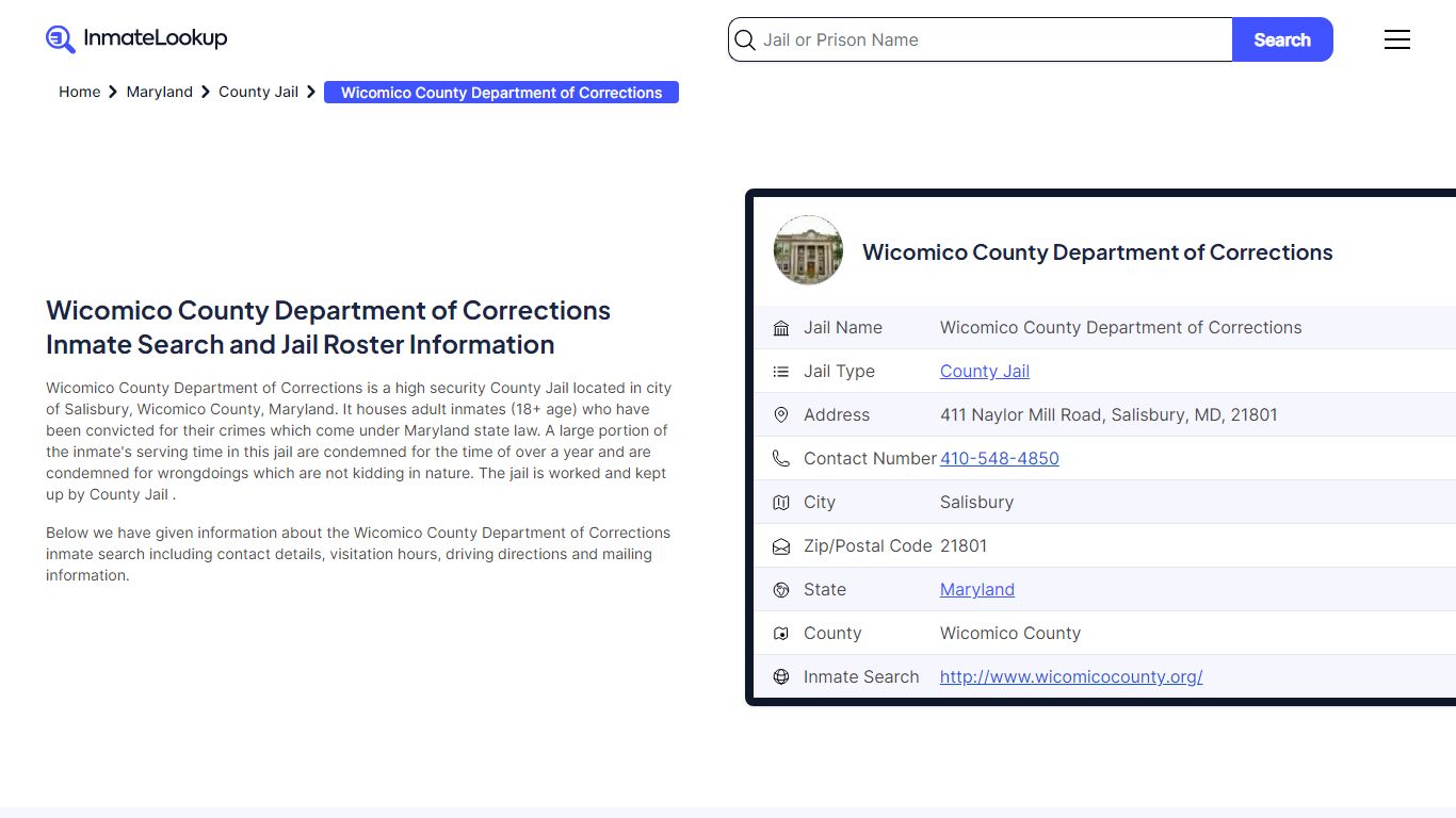 Wicomico County Department of Corrections Inmate Search - Inmate Lookup